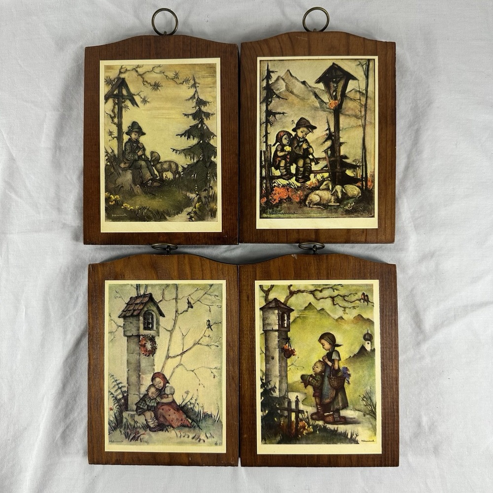 Vintage Set of 4 Hummel Wood Wall Plaques 5" x 7" Boy Girl Music Tower